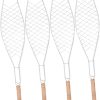 POPETPOP 4Pcs Metal Non Stick Bbq Clip with Wooden Handle Durable Fish Grilling Basket for Outdoor Camping and Picnics Barbecue Tool for Fish Meat and Vegetables