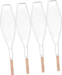 POPETPOP 4Pcs Metal Non Stick Bbq Clip with Wooden Handle Durable Fish Grilling Basket for Outdoor Camping and Picnics Barbecue Tool for Fish Meat and Vegetables