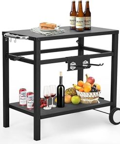 Portable Outdoor Table Stainless Steel Grill Cart with Double Shelves, 4 Wheels & Side Hooks – Outdoor BBQ Prep Table, Pizza Oven Stand for Patio, Garden, Camping – Iron.