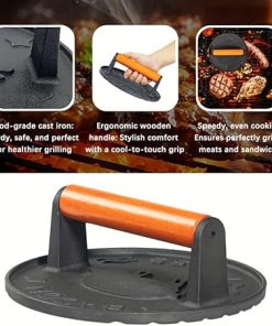Cast Iron Burger Maker with Comfortable Wood Handle Professional Heavy Duty Hamburger Press Patty Cooking Accessories 2