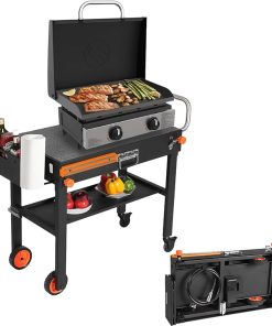 Grill Table Stand Cart for Blackstone Griddle - Universal Foldable Design Fits 17-22 Inch Grills and 12" Pizza Ovens, 20s Setup, 4 Wheels, Magnetic Strip etc (Camping, Backyard Cooking Accessories)