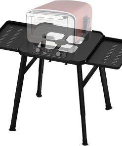 Outdoor Grill Table Stand for Ninja OG and OO Series, Portable Grill Stand Fits Ninja Woodfire with Side Shelf, Utensil-Holder and Hooks, Adjustable Height, Heavy Duty Steel, Black