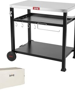Three-Shelf Movable Food Prep and Work Cart Table, Home and Outdoor Multifunctional Stainless Steel Table Top Worktable on Two Wheels, L39.5''x W25.6''x H33'', Cover Included