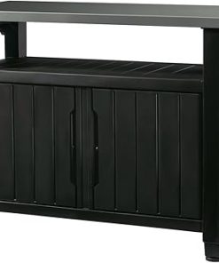 Keter Unity XL Portable Outdoor Table with Stainless Steel Top for Kitchen Prep and Outdoor Storage Cabinet for Grilling Accessories, Dark Grey