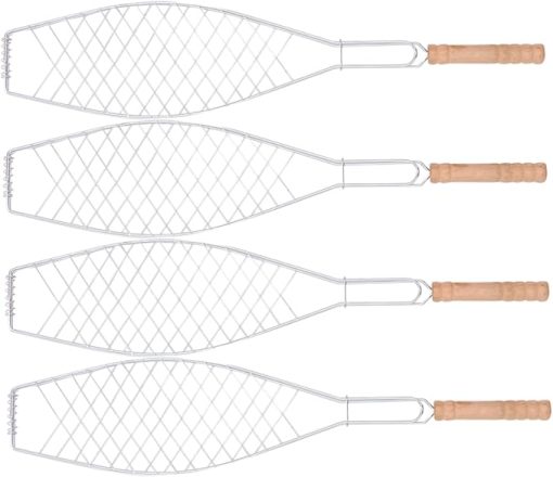 Totority Barbecue Fish Rack 4pcs Fish Grill Clip Metal Mesh Wooden Handle Bbq Tool for Outdoor Activities