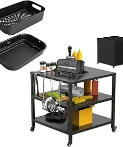 Grill Cooking Pot & Combo Crisper Basket & Outdoor Grill Cart for Ninja Foodi FG551/DG551 Smart XL Indoor Grill Accessories, Non-Stick Air Frying Basket & 31x31x33 Inch Pizza Oven Table