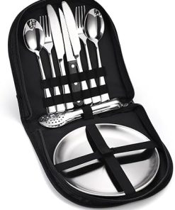 JSEIAJB Stainless Steel Fork Spoon Portable Outdoor Camping Barbecue Plate Tableware Set Of 10 Pieces