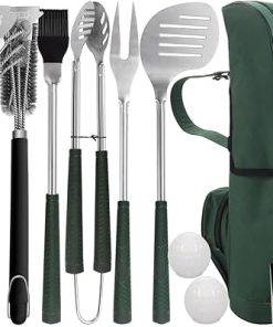 POLIGO Safe Grill Brush and Scraper Bundle with 7PCS Golf-Club Style Grill Accessories Set with Rubber Handle for Outdoor Grill - Premium BBQ Set Ideal Christmas Birthday Gifts for Men Dad