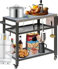 3-Shelf Outdoor Grill Table, Movable Stainless Steel Flattop Grill Cart, Multifunctional Metal Work Table Dining Cart Table with Double-Shelf for Indoor & Outdoor Cooking