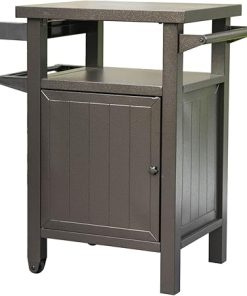 Maximize Outdoor Efficiency with Portable Grill Cart, Metal Table with Storage and Wheels for BBQ and Gardening, Brown