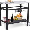 Dining Cart,Outdoor Grill Cart,Stainless Steel,with 4 Hooks, Double-Shelf,Side Handle,Wheels,Cooking Table for Outdoors, Kitchen or Backyard, Movable BBQ Trolley,Multifunctional and Commercial
