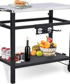 Dining Cart,Outdoor Grill Cart,Stainless Steel,with 4 Hooks, Double-Shelf,Side Handle,Wheels,Cooking Table for Outdoors, Kitchen or Backyard, Movable BBQ Trolley,Multifunctional and Commercial