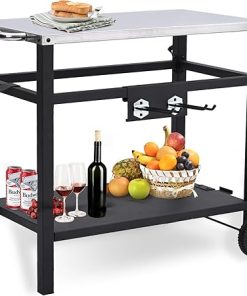 Dining Cart,Outdoor Grill Cart,Stainless Steel,with 4 Hooks, Double-Shelf,Side Handle,Wheels,Cooking Table for Outdoors, Kitchen or Backyard, Movable BBQ Trolley,Multifunctional and Commercial