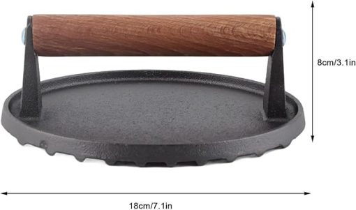 Akozon Round Cast Iron Grill Press, BBQ Steak Meat Press Tool - Barbecue Roast Fried Meat Pressure Accessory with Wooden Handle, Kitchen Utensils, BBQ Tool - Image 2