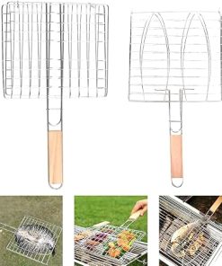 BBQ Net Basket - Grilling Baskets for Fish - Portable Stainless Steel BBQ Grill Basket BBQ Grill Net BBQ Accessories with Wooden Handle for Fish,Vegetable, Steak, Shrimp, 24*24CM, K0095C