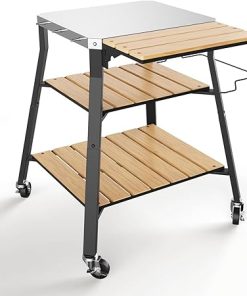 Pizza Oven Stand & Shelf for Solo Stove Pi Pizza Oven, Outrdoor XSKUNStand for Ninja Woodfire, Kitchen Table for Cooking with Stainless Steel Top, WPC Storage Shelves, Lockable 360° Swivel Wheels