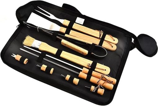 10pcs Heavy Duty BBQ Tools Set, Stainless Steel Grill Utensils with Wooden Handles, for Barbecue, Camping, and Cooking Enthusiasts