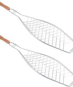 4 Pcs Wooden Handle Barbecue Net Clamp Barbecue Grill Rack Fish Grill Clip Fish Barbecue Basket Barbecue Tool for Camping Iron Grilled Net with Wooden Handle