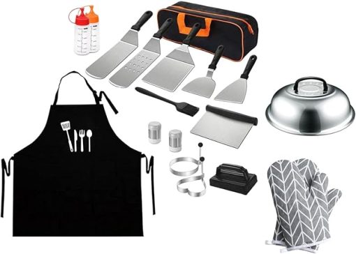 18 Piece BBQ Tool Set with Carrying Bag and Apron for Griddle Cooking