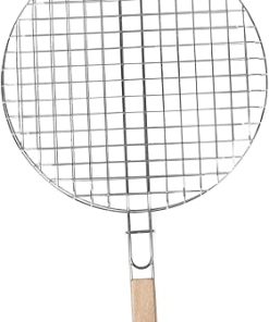 Stainless Steel Round Grill Basket Roasting Net Wood Handle Bbq Accessories for Outdoor Cooking