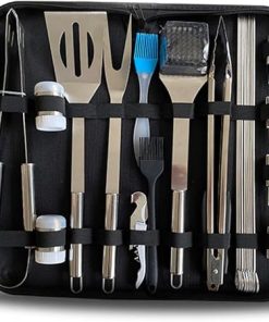 Portable BBQ Tool Set 28pc Grill Kit with Clamp Fork Shovel Brush Thermometer Quality Stainless Steel Perfect for Families