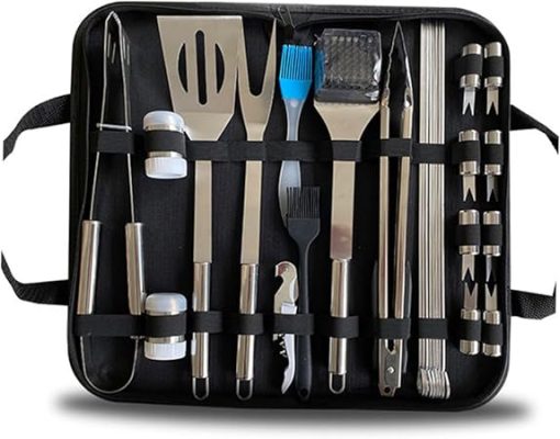 Portable BBQ Tool Set 28pc Grill Kit with Clamp Fork Shovel Brush Thermometer Quality Stainless Steel Perfect for Families