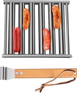 Stainless Steel Hot Dog Roller for Grill, Stainless Steel BBQ Hot Dog Griller with Extra Long Wood Handle, Thorough Evenly Cooked, Hot Dog Griller Accessories for Camping (2 PCS) 2