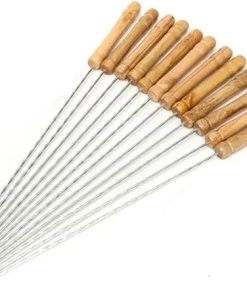 BBQ 12pcs/Set 30cm Reusable BBQ Skewers with Handle Barbecue Needle Stainless Steel Flattened Rounded Sign Optional Meat Accessories
