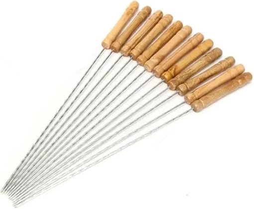 BBQ 12pcs/Set 30cm Reusable BBQ Skewers with Handle Barbecue Needle Stainless Steel Flattened Rounded Sign Optional Meat Accessories