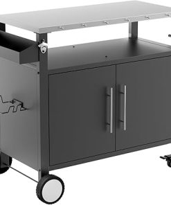 Sturdy Outdoor Grill Cart with Storage and Hooks, Stainless Steel Tabletop, Rolling BBQ Cart for Patio Accessories, Black