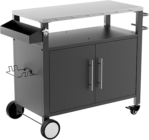 Sturdy Outdoor Grill Cart with Storage for BBQ Essentials, Rolling Patio Bar Cart, Hooks and Spice Rack, Black Sturdy Outdoor Grill Cart with Storage for BBQ Essentials, Rolling Patio Bar Cart, Hooks and Spice Rack, Black