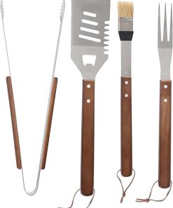 5-Piece Stainless Steel BBQ Tool Set – Grill Accessories with Wood Handles & Carry Bag, Outdoor Grilling Tools with 4-in-1 Spatula