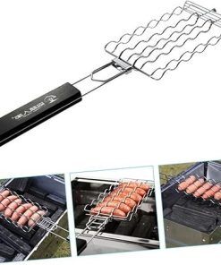 Barbecue Accessory Kit Grill Net for Grilling Barbecue Net for Sausage Grill Mesh Rack BBQ Tool Wooden Handle 2