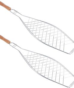 2Pcs Grilled Net with Wooden Handle Non Stick Bbq Clip for Outdoor Camping Picnic and Grilling Durable Fish Barbecue Tool for and Serving