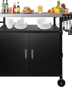 35" H Outdoor Grill Cart- Outdoor BBQ Prep Table, Lockable Wheels & Magnetic Cabinet for Patio, Backyard, Tailgating