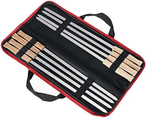 8pcs/set Stainless Steel Wire Bbq Skewers Wood Handle Grill Roasting Sticks Outdoor Camping Bbq Tools Storage Bag Kit 43.5cm