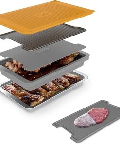 PREP ‘N Serve Premium Set™ - Plastic Container with Lid for Marinades, Stainless Steel Serving Tray, Aluminum Defrosting Tray, and a Plastic Cutting Board - The Ultimate BBQ Food Prep Utensil Set