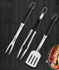 Outdoor BBQ Plastic Handle Stainless Steel Combination Barbecue Fork Spatula Clip Three-Piece Fitting Barbecue Tool, Gift Box Package,Silver