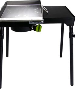 Bayou Classic Single Patio Camp Stove w/Side Shelf Features 6-in Cast Aluminum Burner 27-in Tall Cooker 13.5-in x 13.5-in Square Removable Griddle Perfect For Backyard Chefs Tailgates