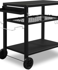 Ochine Outdoor Grill Table, Rolling Dining Table with Trash Bag Holder, Dining Cart Table Three-Shelf Grill Table Grill Cart Outdoor BBQ and Work Cart Table Movable Pizza Oven Table Food Prep Table