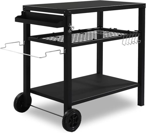 Ochine Outdoor Grill Table, Rolling Dining Table with Trash Bag Holder, Dining Cart Table Three-Shelf Grill Table Grill Cart Outdoor BBQ and Work Cart Table Movable Pizza Oven Table Food Prep Table