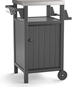 KORVOS Kitchen Portable Outdoor Grill Cart, Patio Bar Cart with Stainless Steel Top and Rolling Wheels, BBQ Cart for Indoor&Outdoor Use, Grey
