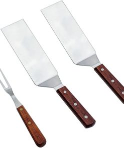Sunrise Kitchen Supply Stainless Steel Turner Spatula & Meat Fork with Wood Handle (10.75" Fork + Two 7.5"x3" Spatulas)