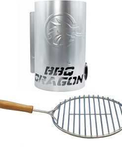 BBQ Dragon Ultimate Grill Accessories Set – XL Charcoal Chimney Starter Bundle with 9” Round Wooden Handle Grill Grate - Heavy Duty & Durable BBQ Tools