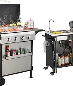 Gas BBQ Grill and Cart with Sink & Cabinet (L38" x W18" x H35"), Enamel Cooking Grids, Excellent for Outdoor garden, Yard