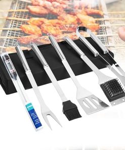 6Pcs BBQ Grill Accessories Tools Set, Heavy Duty Stainless Steel Grilling Tools,with Portable Bag, Forks, Brushes, Clips,Thermometer for Backyard Barbecue, Camping, Gifts for Men Women