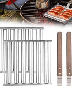 Hot Dog Roller Sausage Roller Rack, 2025 Upgraded Hot Dog Roller for Grill, Stainless Steel Sausage Roller Rack with Extra Long Wood Handle, for Outdoor Cooking and Barbecue Essentials Tool (2)