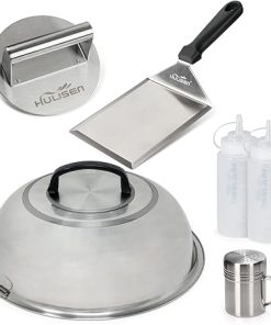 HULISEN Smashed Burger Kit, Burger Press, 12 Inch Basting Cover, Grill Spatula, Spice Dredge Shaker and 2 Squeeze Bottles - Griddle Accessories Kit for Flat Top Griddle Grill Cooking, Gift Package