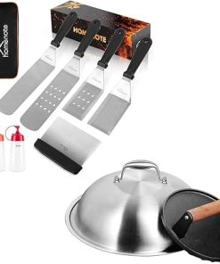 homenote Griddle Accessories Kit, 7-Pieces Exclusive Griddle Tools Long/Short Spatulas Set-12 Inch Heavy Duty Round Basting Cover Cheese Melting Dome with 7 inch Round Cast Iron Burger Bacon Press