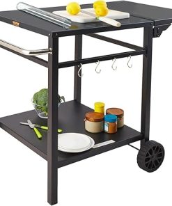 VEVOR Outdoor Grill Dining Cart with Double-Shelf, BBQ Movable Food Prep Table, Multifunctional Foldable Iron Table Top, Portable Modular Carts for Pizza Oven, Worktable with 2 Wheels, Carry Handle